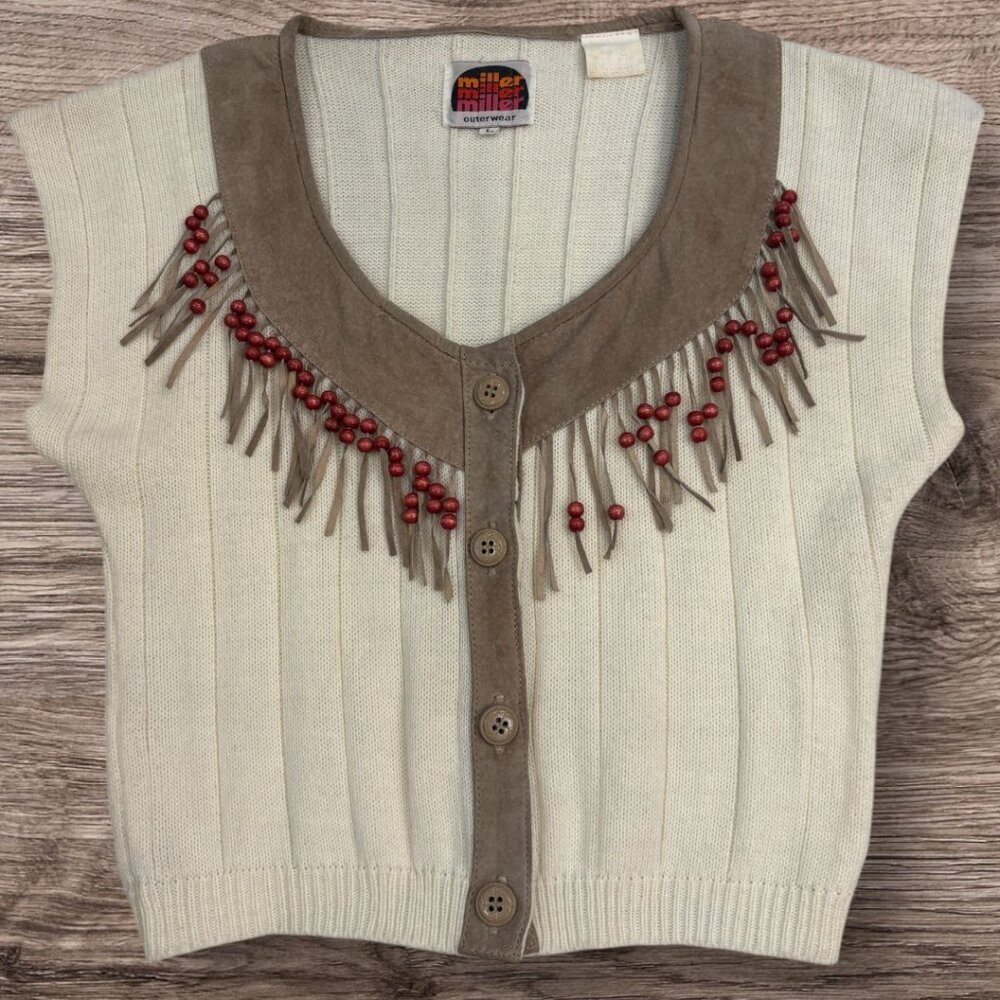 Vintage Miller Outerwear Sweater Vest Suede Fringe & Beaded Western Style Size L
